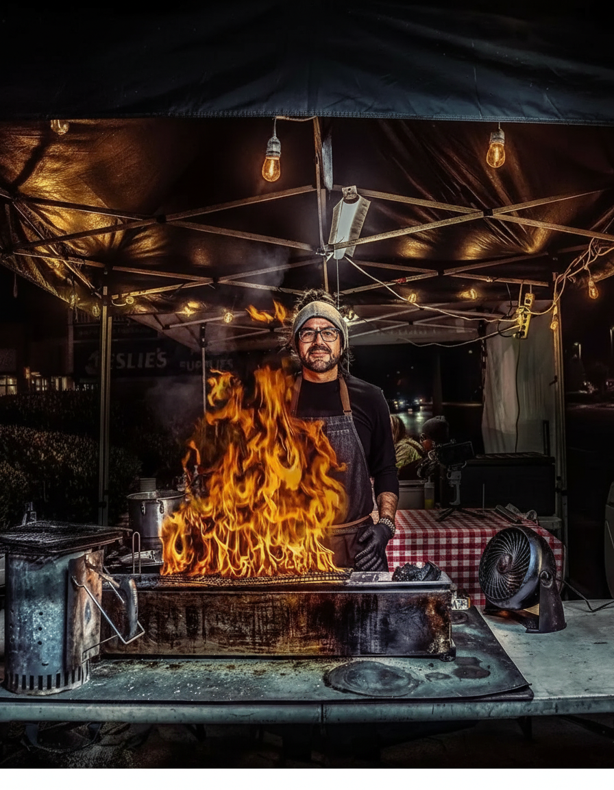 Chef Pablo De la Cruz at the live-fire robata grill at night
